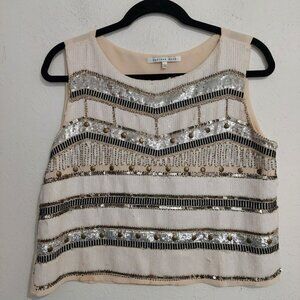 Endless Rose Womens Crop Top White Silver Art Deco Sequin Sleeveless Blouse Sz L